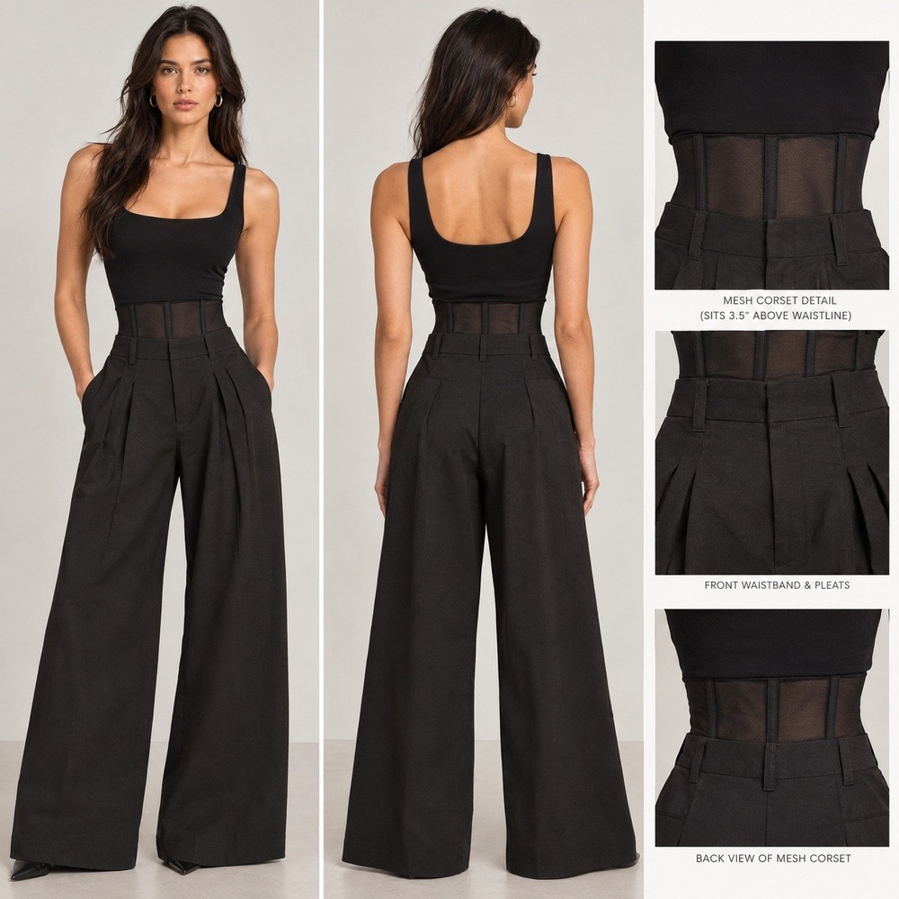 NWT Cider Black Corseted High-Waist Wide-Leg Pleated Trousers Women's Size M